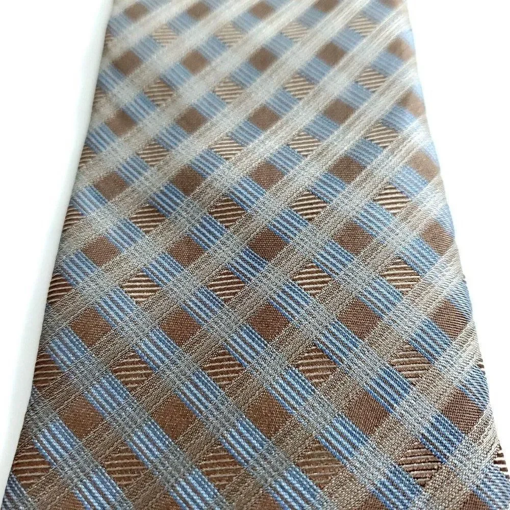 Calvin‎ Klein Brown Blue Plaid Woven Silk Tie